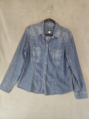 Vintage 90s Gap Women XL Jean Floral Snap Button Shirt Cowboy Western Dark Blue